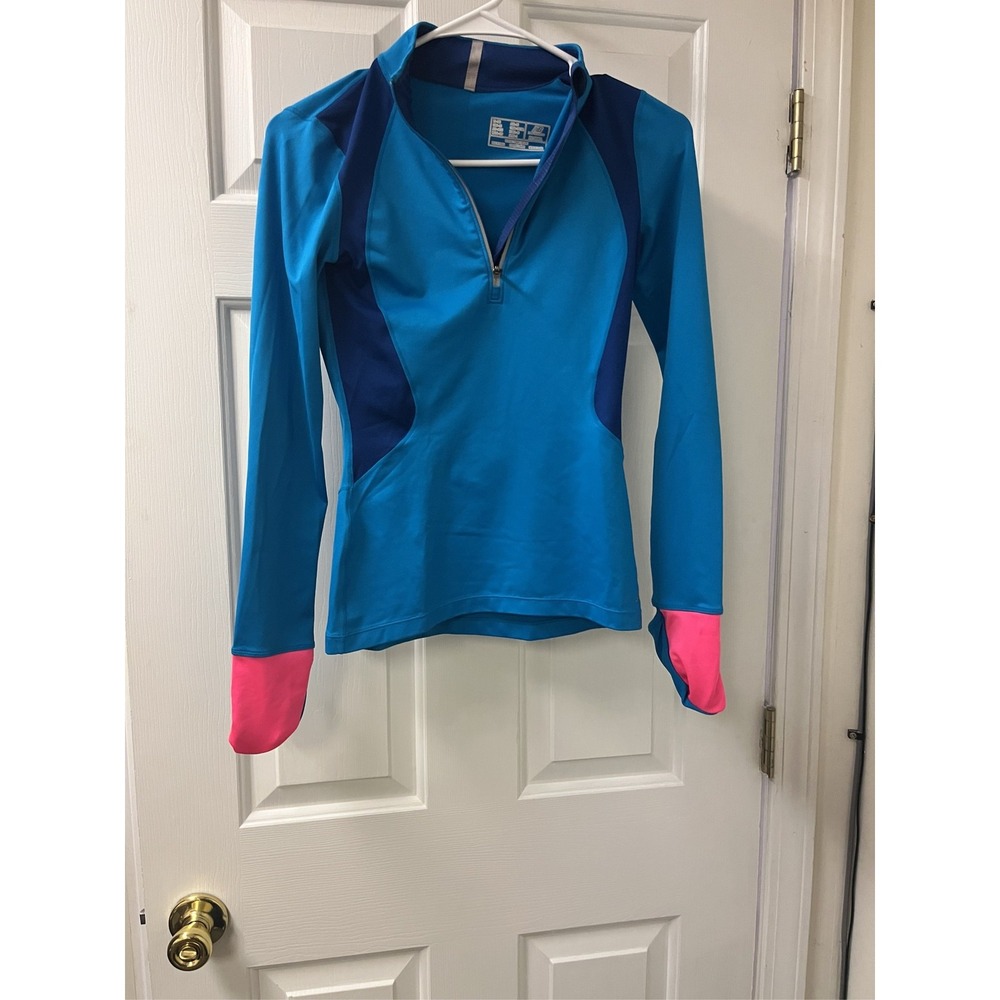 New Balance Womens XXS Blue Colorblock Quarter Zip Running Top Thumbholes Mitten